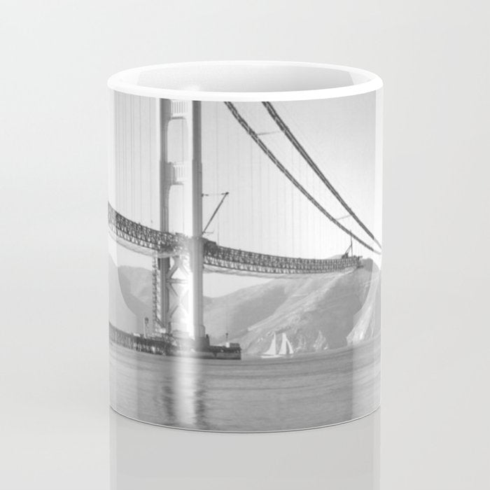Construction of the Golden Gate Bridge, 1935, San Francisco Bay black and white photograph Coffee Mug Gallery Image 4