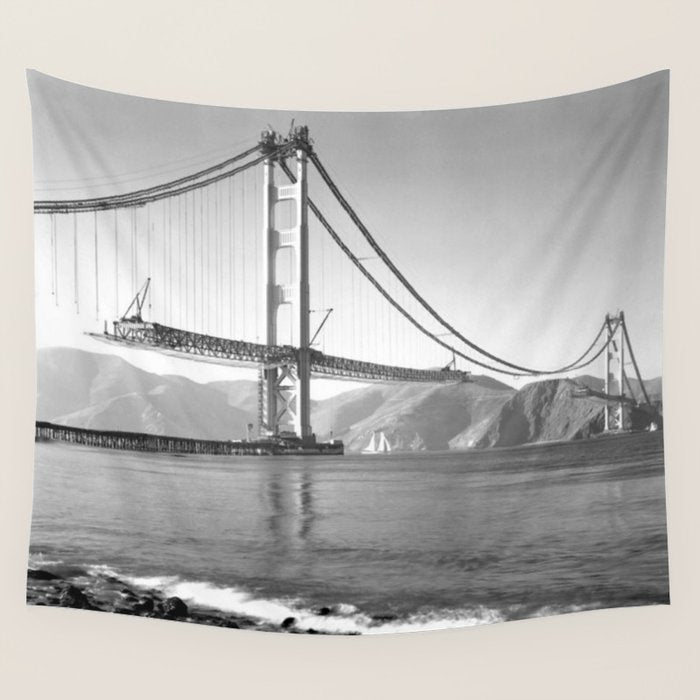 Construction of the Golden Gate Bridge, 1935, San Francisco Bay black and white photograph Wall Tapestry Gallery Image 4