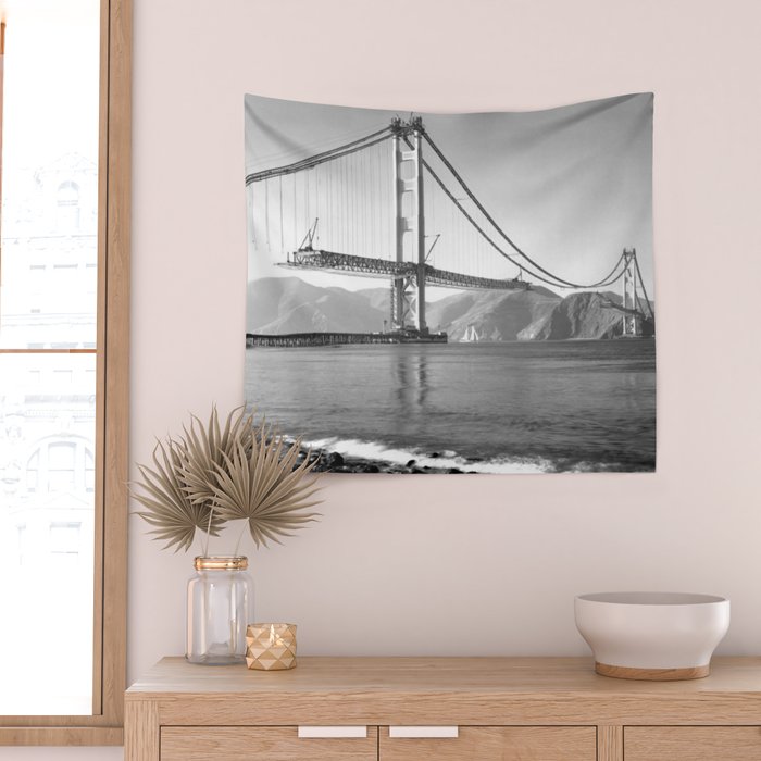 Construction of the Golden Gate Bridge, 1935, San Francisco Bay black and white photograph Wall Tapestry Gallery Image 2