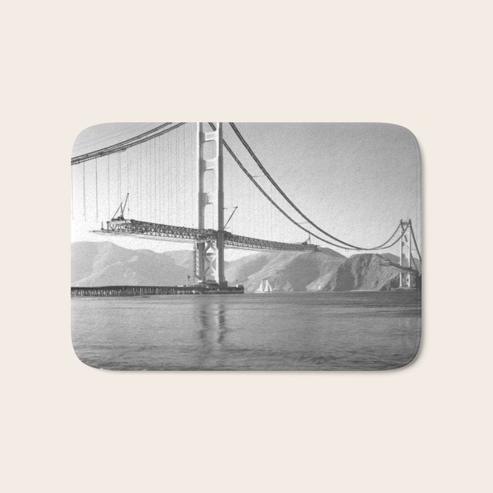 Construction of the Golden Gate Bridge, 1935, San Francisco Bay black and white photograph Bath Mat Gallery Image 1