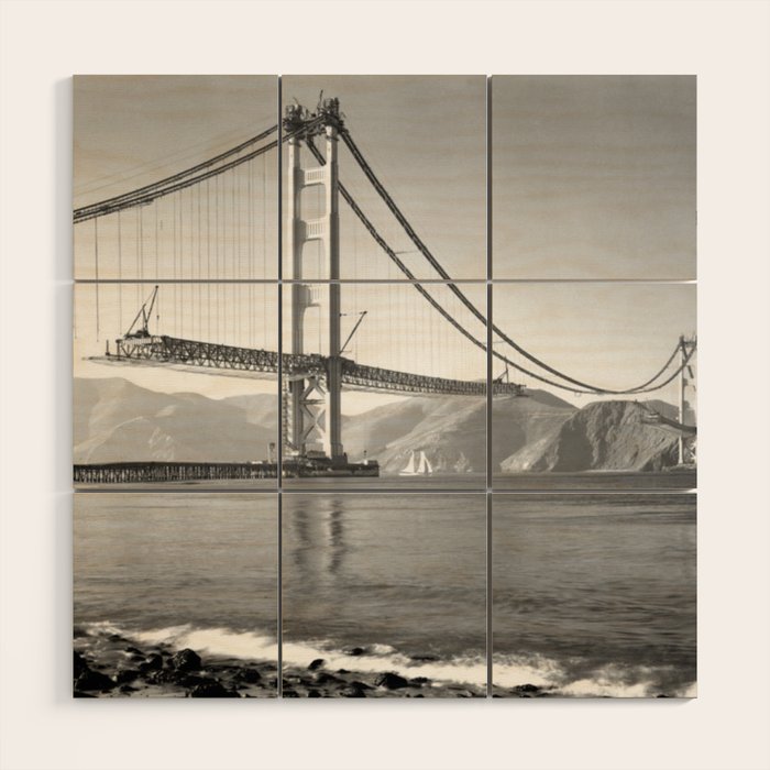 Construction of the Golden Gate Bridge, 1935, San Francisco Bay black and white photograph Wood Wall Art Gallery Image 1
