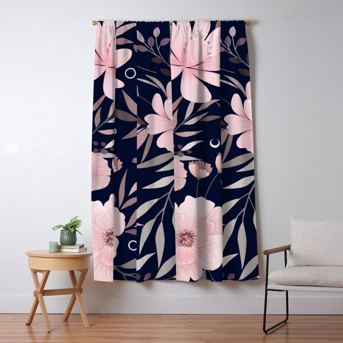 Modern, Boho, Floral Prints, Navy and Pink Window Curtain Gallery Image 5