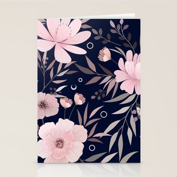 Modern, Boho, Floral Prints, Navy and Pink Stationery Card Gallery Image 2