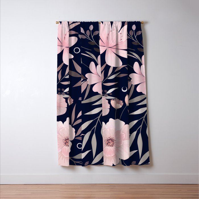 Modern, Boho, Floral Prints, Navy and Pink Window Curtain Gallery Image 3