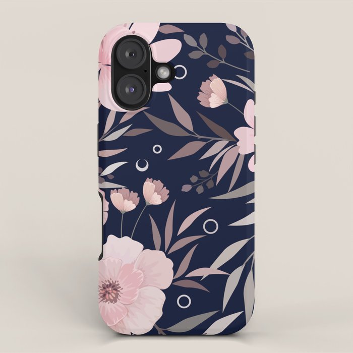 Modern, Boho, Floral Prints, Navy and Pink iPhone Case Gallery Image 1
