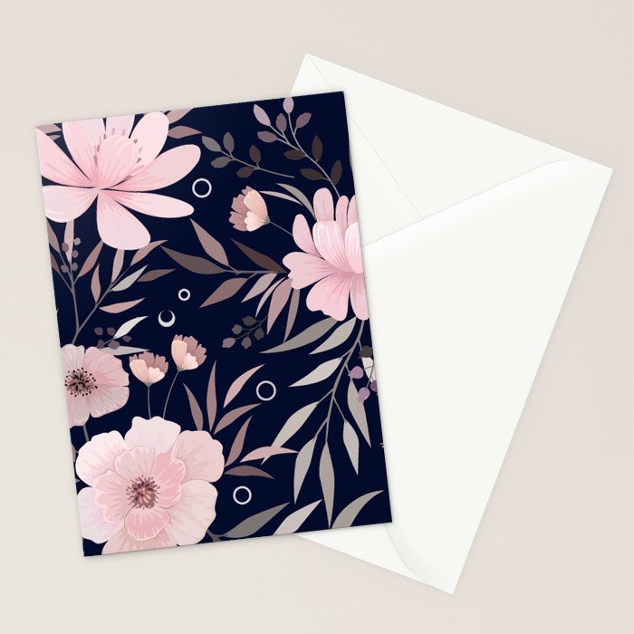 Modern, Boho, Floral Prints, Navy and Pink Stationery Card Gallery Image 2
