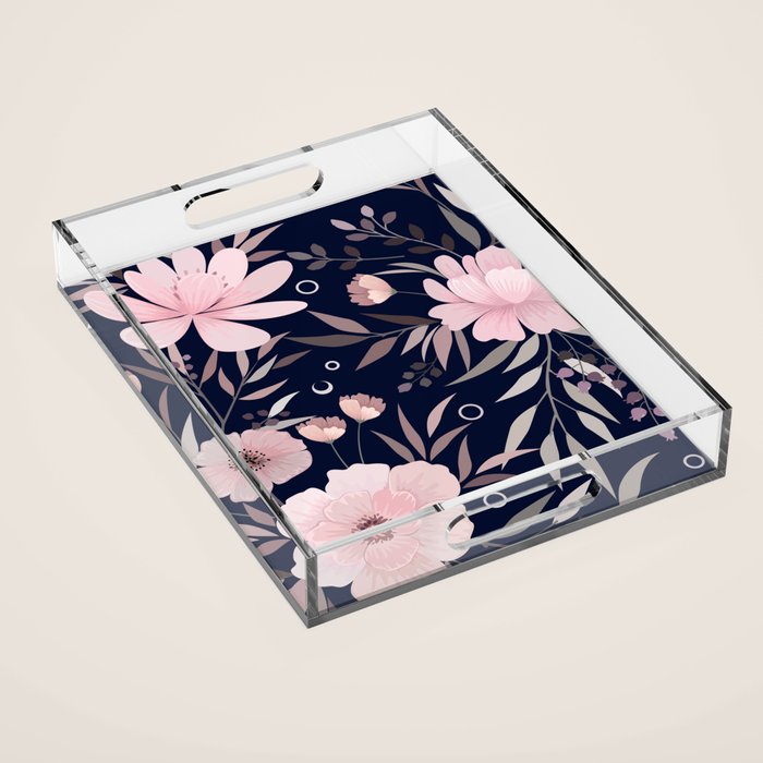 Modern, Boho, Floral Prints, Navy and Pink Acrylic Tray Gallery Image 1