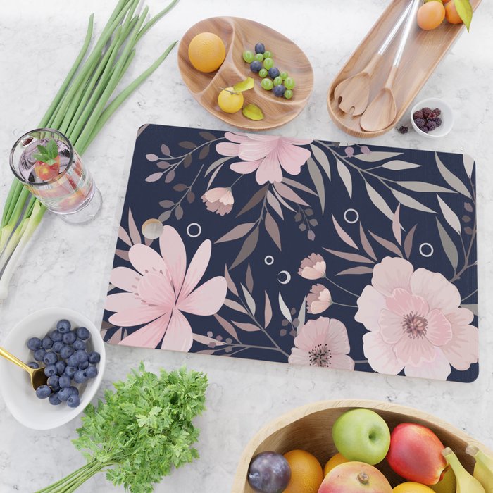 Modern, Boho, Floral Prints, Navy and Pink Cutting Board Gallery Image 2