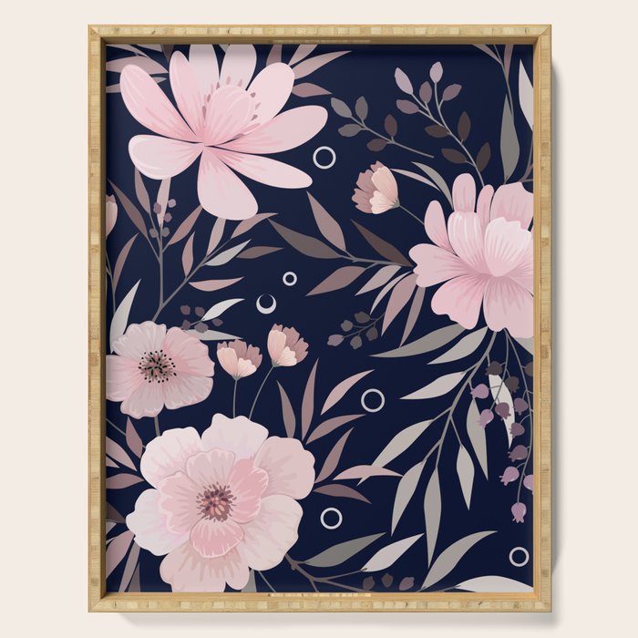 Modern, Boho, Floral Prints, Navy and Pink Serving Tray Gallery Image 1