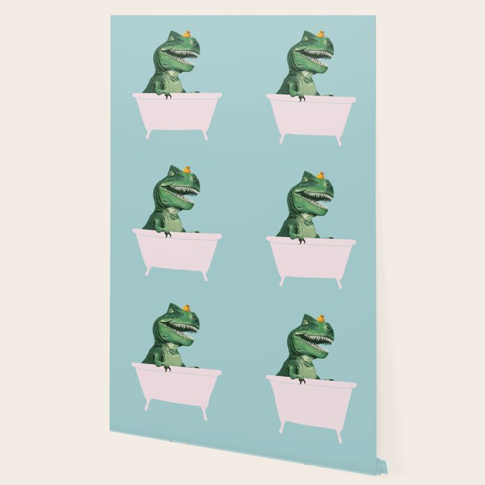 Playful T-Rex in Bathtub in Green Wallpaper Gallery Image 2