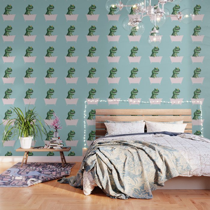 Playful T-Rex in Bathtub in Green Wallpaper Gallery Image 3