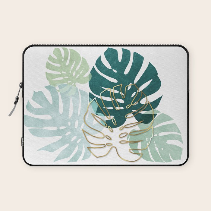 Tropical minimal / green, turquoise and gold monstera Laptop Sleeve Gallery Image 1