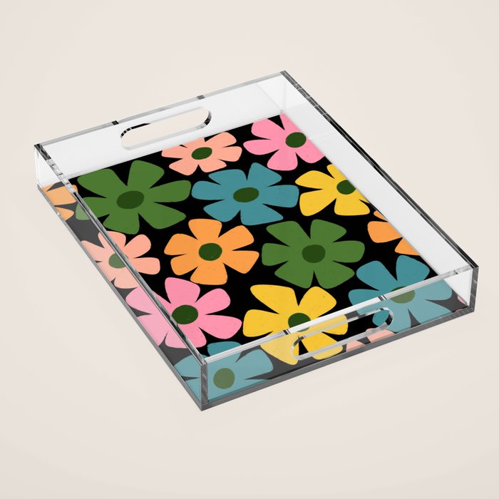 Retro Flower - Big Daisy Black background Acrylic Tray Gallery Image 1