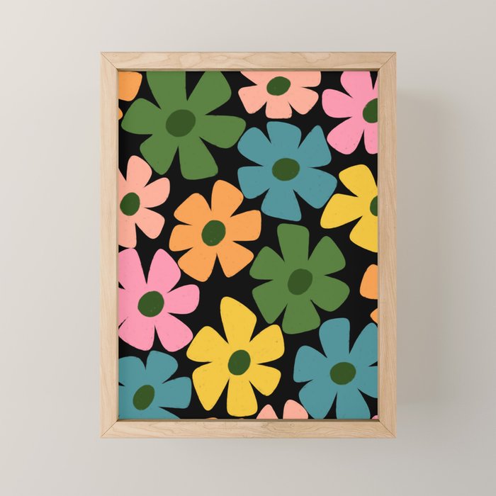 Retro Flower - Big Daisy Black background Mini Art Print Gallery Image 1