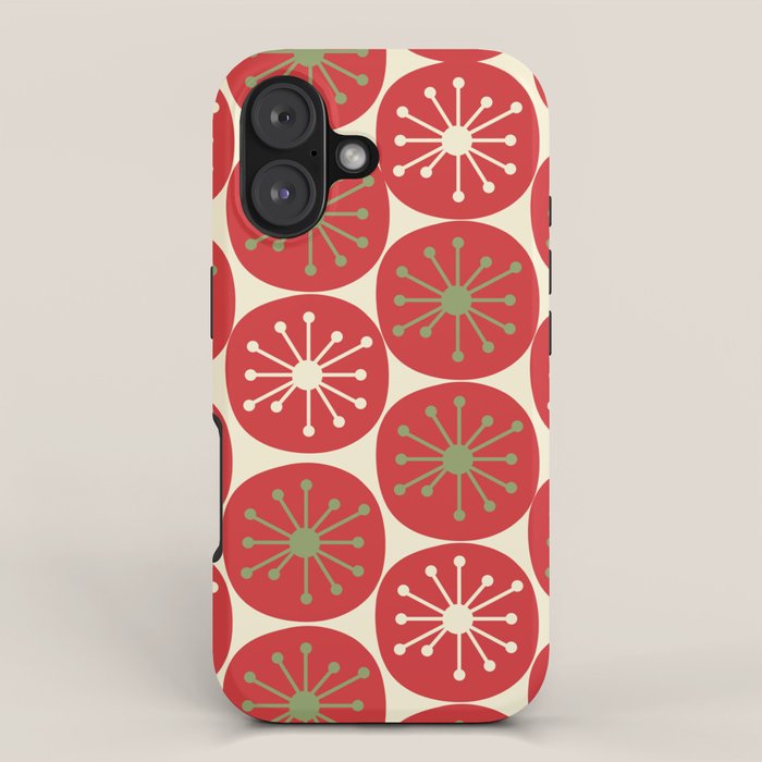 Atomic Dots Retro Mid-century Christmas Pattern in Light Olive Green, Red, and Cream iPhone Case Gallery Image 1