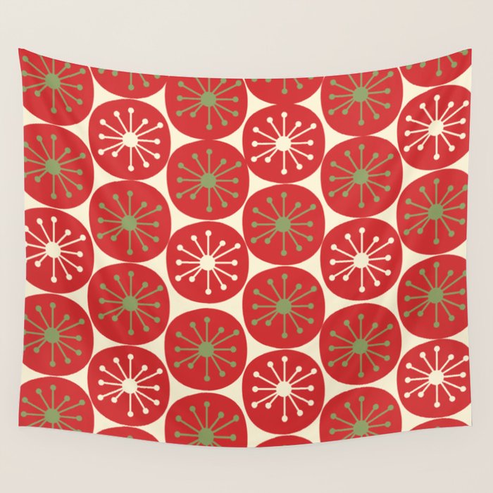 Atomic Dots Retro Mid-century Christmas Pattern in Light Olive Green, Red, and Cream Wall Tapestry Gallery Image 4