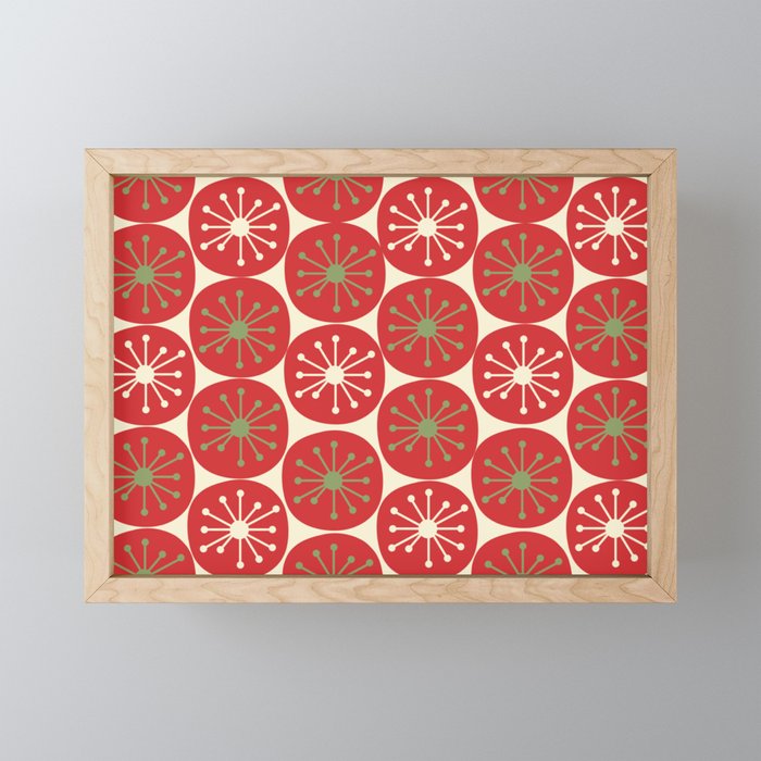 Atomic Dots Retro Mid-century Christmas Pattern in Light Olive Green, Red, and Cream Mini Art Print Gallery Image 1