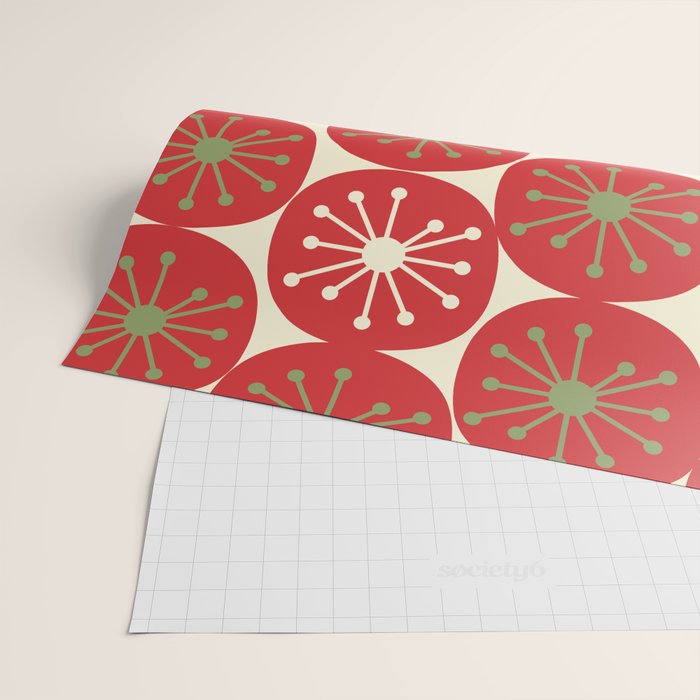 Atomic Dots Retro Mid-century Christmas Pattern in Light Olive Green, Red, and Cream Wrapping Paper Gallery Image 2
