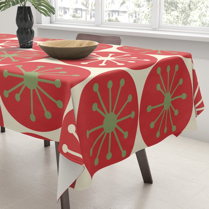 Atomic Dots Retro Mid-century Christmas Pattern in Light Olive Green, Red, and Cream Tablecloth Gallery Image 3