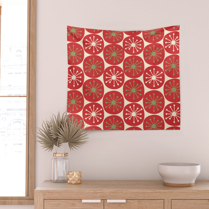 Atomic Dots Retro Mid-century Christmas Pattern in Light Olive Green, Red, and Cream Wall Tapestry Gallery Image 2