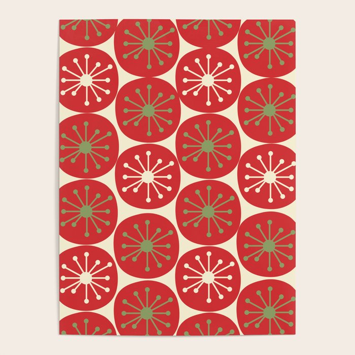 Atomic Dots Retro Mid-century Christmas Pattern in Light Olive Green, Red, and Cream Poster Gallery Image 1