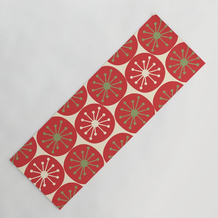 Atomic Dots Retro Mid-century Christmas Pattern in Light Olive Green, Red, and Cream Yoga Mat Gallery Image 1