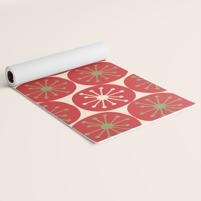 Atomic Dots Retro Mid-century Christmas Pattern in Light Olive Green, Red, and Cream Yoga Mat Gallery Image 2