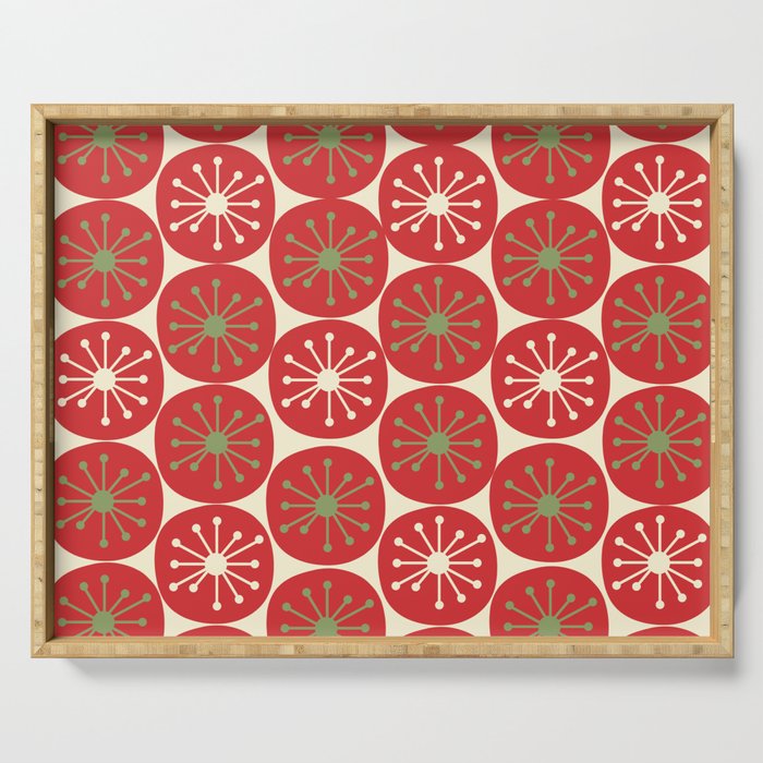 Atomic Dots Retro Mid-century Christmas Pattern in Light Olive Green, Red, and Cream Serving Tray Gallery Image 1