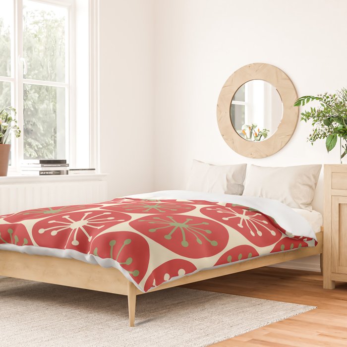 Atomic Dots Retro Mid-century Christmas Pattern in Light Olive Green, Red, and Cream Duvet Cover Gallery Image 2