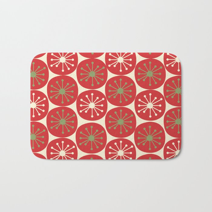 Atomic Dots Retro Mid-century Christmas Pattern in Light Olive Green, Red, and Cream Bath Mat Gallery Image 1