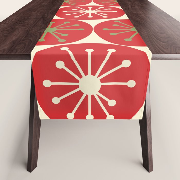 Atomic Dots Retro Mid-century Christmas Pattern in Light Olive Green, Red, and Cream Table Runner Gallery Image 1