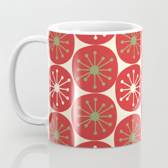 Atomic Dots Retro Mid-century Christmas Pattern in Light Olive Green, Red, and Cream Coffee Mug Gallery Image 3