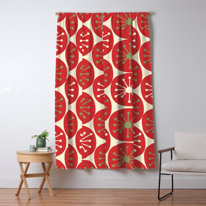 Atomic Dots Retro Mid-century Christmas Pattern in Light Olive Green, Red, and Cream Window Curtain Gallery Image 1