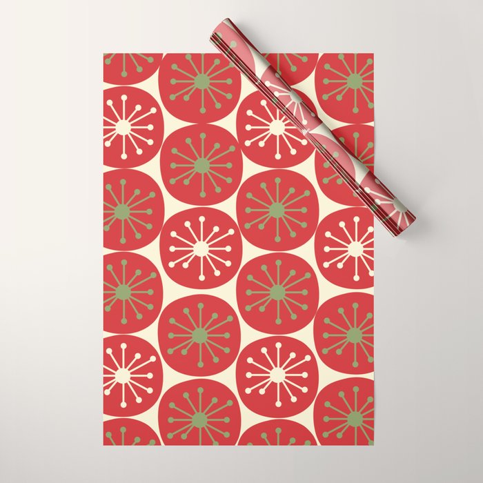 Atomic Dots Retro Mid-century Christmas Pattern in Light Olive Green, Red, and Cream Wrapping Paper Gallery Image 1