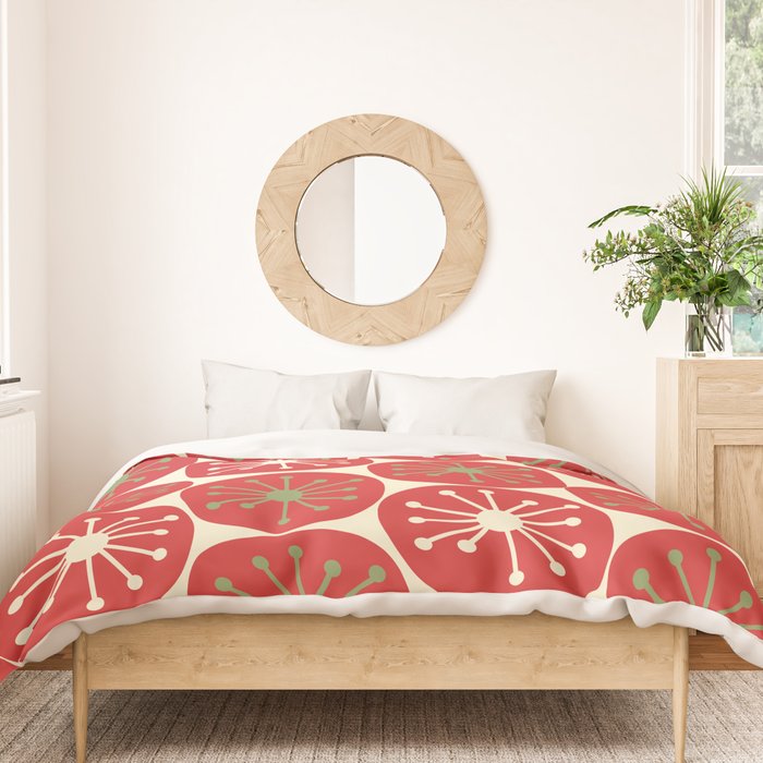 Atomic Dots Retro Mid-century Christmas Pattern in Light Olive Green, Red, and Cream Duvet Cover Gallery Image 3