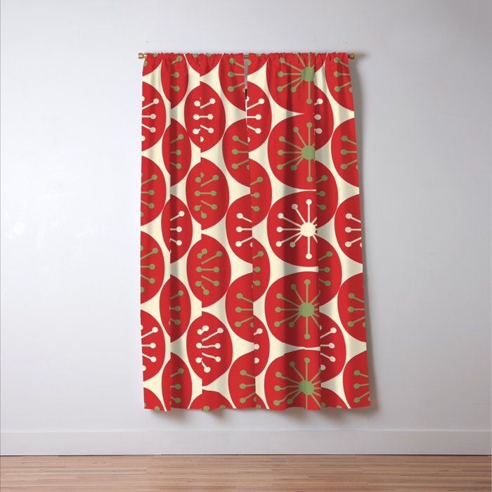 Atomic Dots Retro Mid-century Christmas Pattern in Light Olive Green, Red, and Cream Window Curtain Gallery Image 3