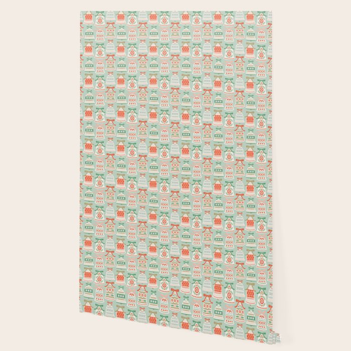 Folk Art Holiday Bells - Light Green Wallpaper Gallery Image 2