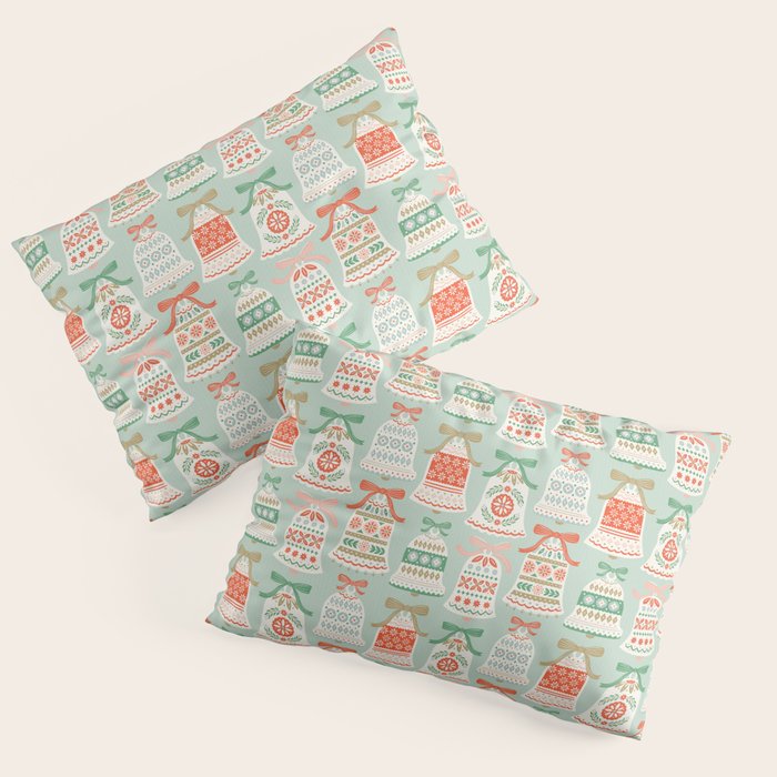 Folk Art Holiday Bells - Light Green Pillow Sham Gallery Image 1