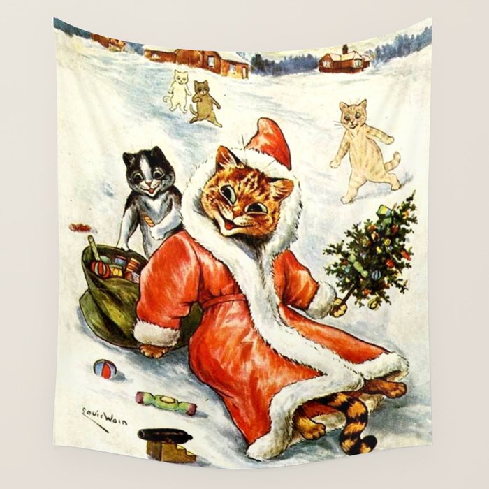 'To Wish You A Merry Christmas' by Louis Wain Wall Tapestry Gallery Image 4