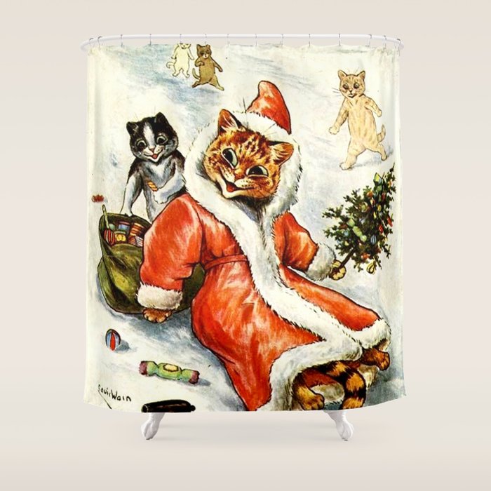'To Wish You A Merry Christmas' by Louis Wain Shower Curtain Gallery Image 1