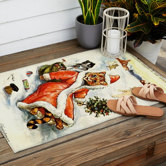 'To Wish You A Merry Christmas' by Louis Wain Outdoor Rug Gallery Image 2