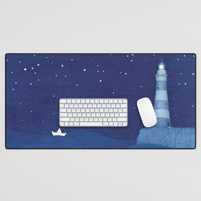 Lighthouse & the paper boat, blue ocean Desk Mat Gallery Image 1