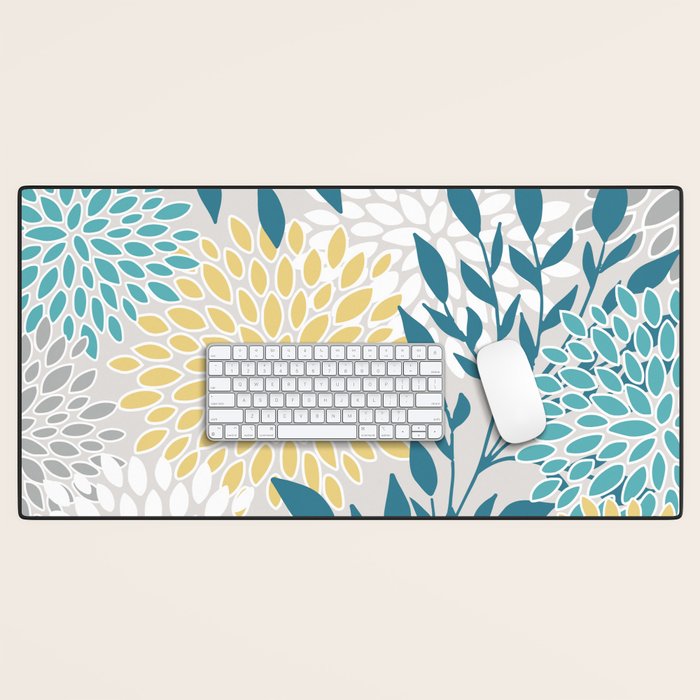 Garden Florals, Yellow, Teal, Gray Desk Mat Gallery Image 1