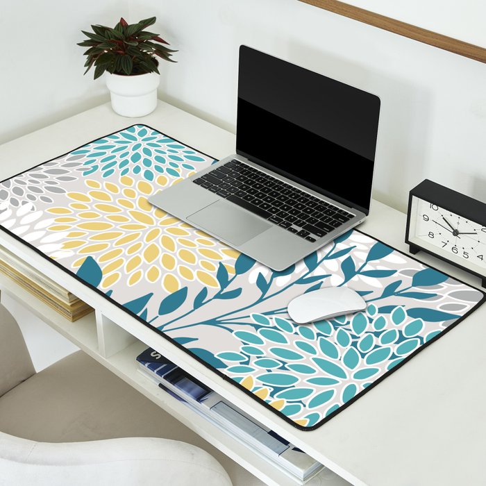 Garden Florals, Yellow, Teal, Gray Desk Mat Gallery Image 2