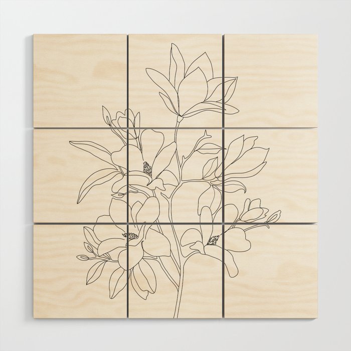 Minimal Line Art Magnolia Flowers Wood Wall Art Gallery Image 1
