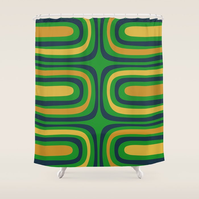 Midcentury Modern Confaab Abstract Vertical Pattern Green Mustard Navy Blue Shower Curtain Gallery Image 1