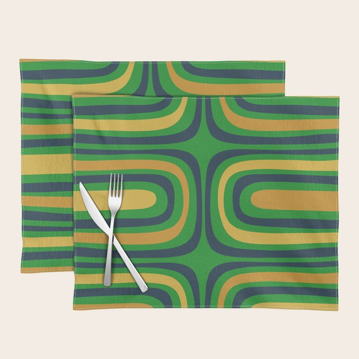 Midcentury Modern Confaab Abstract Vertical Pattern Green Mustard Navy Blue Placemat Gallery Image 1