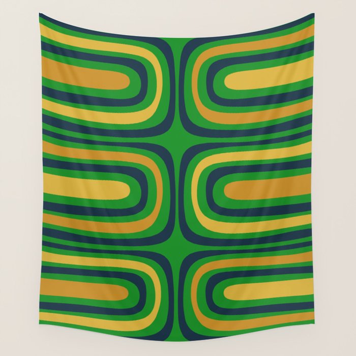 Midcentury Modern Confaab Abstract Vertical Pattern Green Mustard Navy Blue Wall Tapestry Gallery Image 4