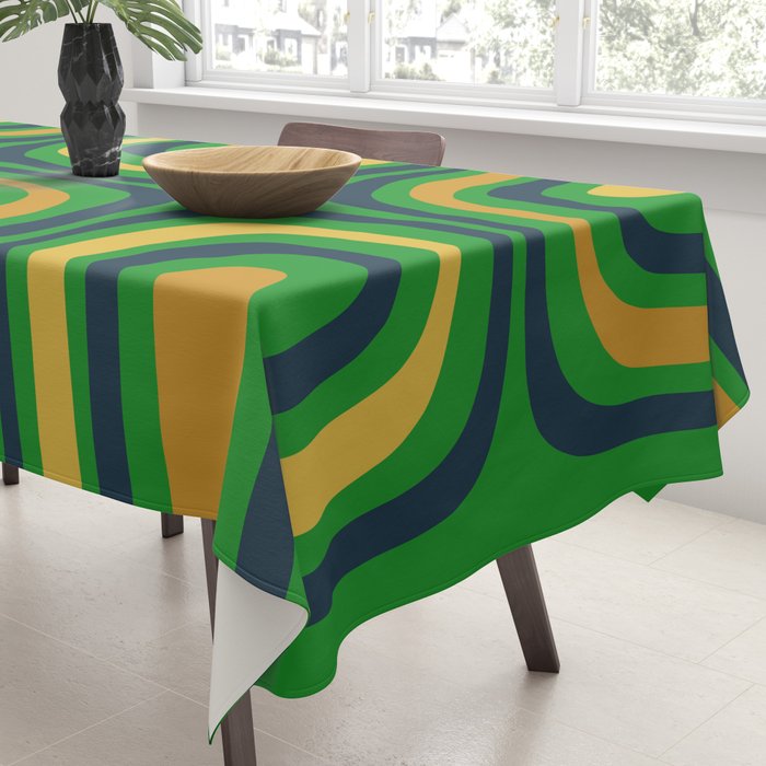 Midcentury Modern Confaab Abstract Vertical Pattern Green Mustard Navy Blue Tablecloth Gallery Image 3