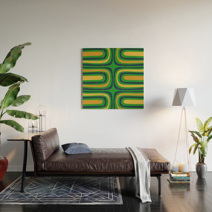 Midcentury Modern Confaab Abstract Vertical Pattern Green Mustard Navy Blue Wood Wall Art Gallery Image 2